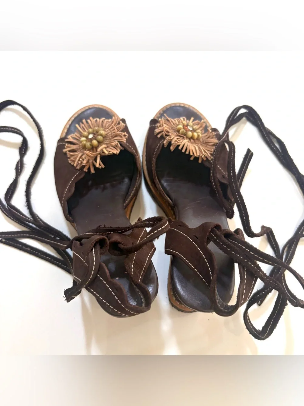 Brown Women's Floral Leather/Suede Lace-Up Wedge Sandals